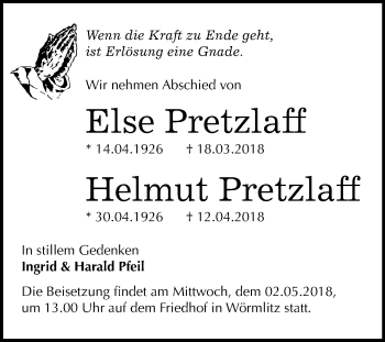 Traueranzeige von Else und Helmut Pretzlaff von Mitteldeutsche Zeitung Halle/Saalkreis
