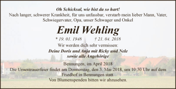 Traueranzeige von Emil Wehling von Super Sonntag SGH Mansf. Land