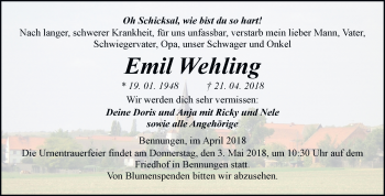 Traueranzeige von Emil Wehling von Mitteldeutsche Zeitung