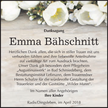 Traueranzeige von Emma Bähschnitt von WVG - Wochenspiegel Wittenberg