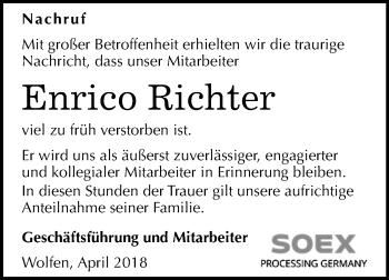 Traueranzeige von Enrico Richter von Mitteldeutsche Zeitung Bitterfeld