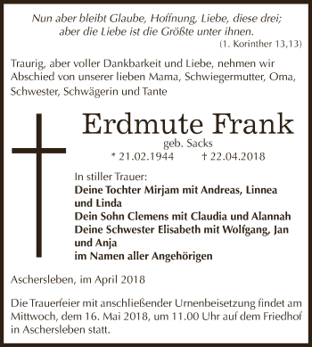 Traueranzeige von Erdmute Frank von Super Sonntag Aschersleben