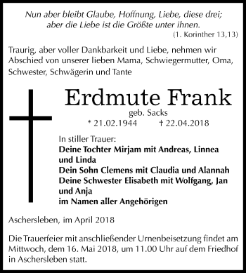 Traueranzeige von Erdmute Frank von Mitteldeutsche Zeitung Aschersleben