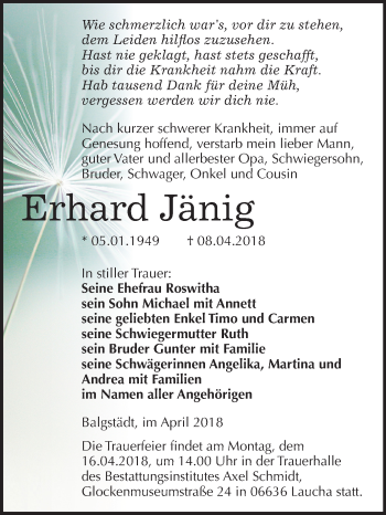 Traueranzeige von Erhard Jänig von Mitteldeutsche Zeitung