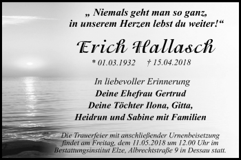 Traueranzeige von Erich Hallasch von Mitteldeutsche Zeitung Dessau-Roßlau