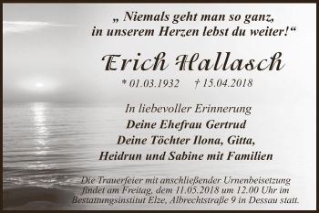 Traueranzeige von Erich Hallasch von WVG - Wochenspiegel Dessau / Köthen