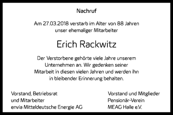 Traueranzeige von Erich Rackwitz von Mitteldeutsche Zeitung Halle/Saalkreis