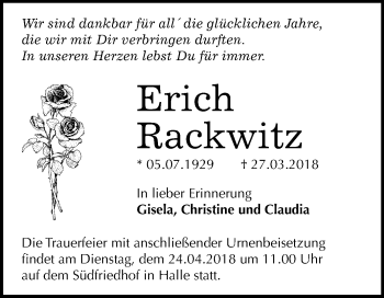 Traueranzeige von Erich Rackwitz von Mitteldeutsche Zeitung Halle/Saalkreis