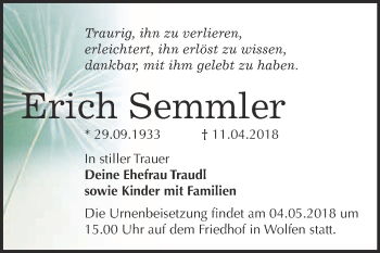 Traueranzeige von Erich Semmler von WVG - Wochenspiegel Bitterfeld