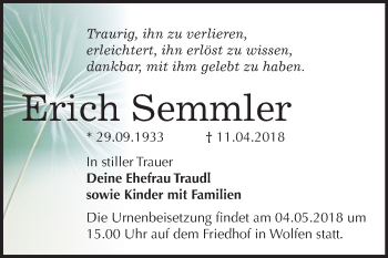 Traueranzeige von Erich Semmler von Mitteldeutsche Zeitung Bitterfeld