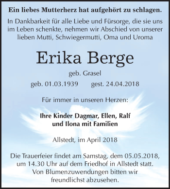 Traueranzeige von Erika Berge von Mitteldeutsche Zeitung Sangerhausen
