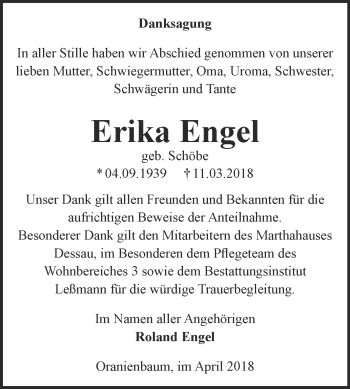 Traueranzeige von Erika Engel von WVG - Wochenspiegel Wittenberg
