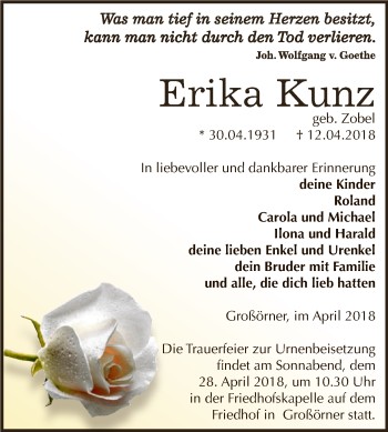 Traueranzeige von Erika Kunz von Wochenspiegel Mansfelder Land