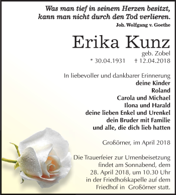 Traueranzeige von Erika Kunz von Mitteldeutsche Zeitung