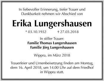 Traueranzeige von Erika Lungershausen von Mitteldeutsche Zeitung Sangerhausen