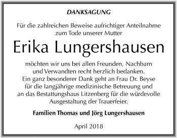 Traueranzeige von Erika Lungershausen von Mitteldeutsche Zeitung