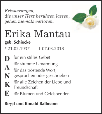 Traueranzeige von Erika Mantau von WVG - Wochenspiegel Wittenberg