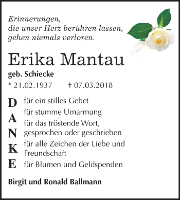 Traueranzeige von Erika Mantau von Mitteldeutsche Zeitung