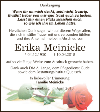 Traueranzeige von Erika Meinicke von WVG - Wochenspiegel Dessau / Köthen