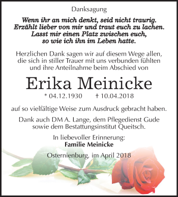 Traueranzeige von Erika Meinicke von Mitteldeutsche Zeitung Köthen