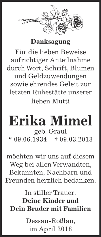 Traueranzeige von Erika Mimel von WVG - Wochenspiegel Dessau / Köthen