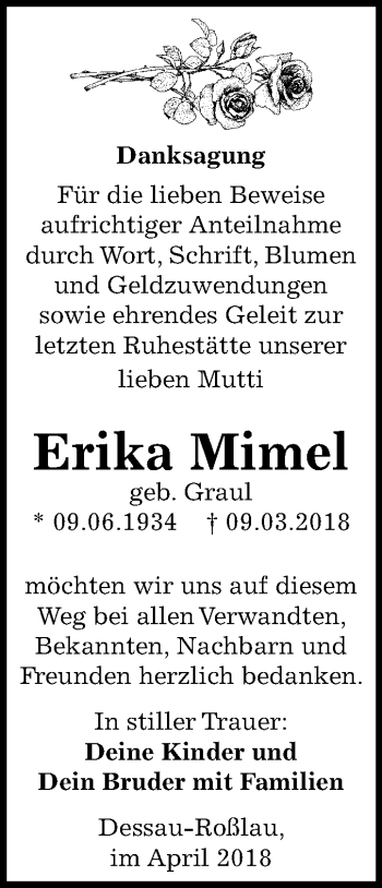 Traueranzeige von Erika Mimel von Mitteldeutsche Zeitung Dessau-Roßlau