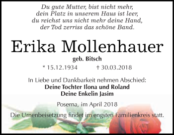 Traueranzeige von Erika Mollenhauer von WVG - Wochenspiegel NMB / WSF / ZTZ