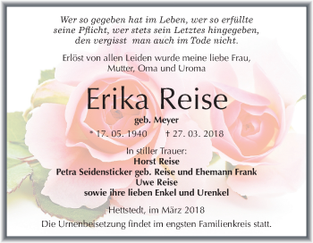 Traueranzeige von Erika Reise von Mitteldeutsche Zeitung