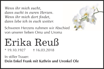 Traueranzeige von Erika Reuß von WVG - Wochenspiegel Bitterfeld