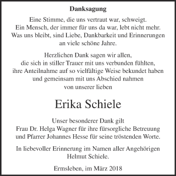 Traueranzeige von Erika Schiele von Super Sonntag Aschersleben
