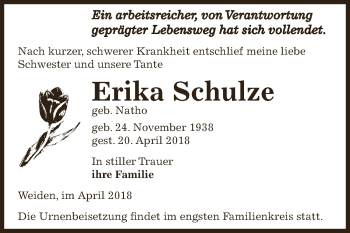 Traueranzeige von Erika Schulze von WVG - Wochenspiegel Dessau / Köthen