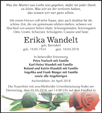Traueranzeige von Erika Wandelt von Mitteldeutsche Zeitung Aschersleben