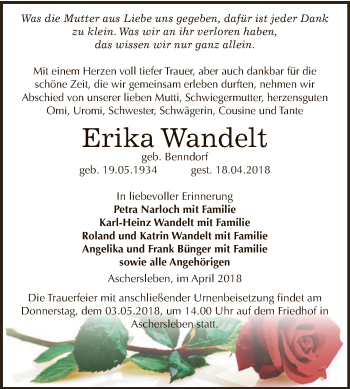 Traueranzeige von Erika Wandelt von Super Sonntag Aschersleben