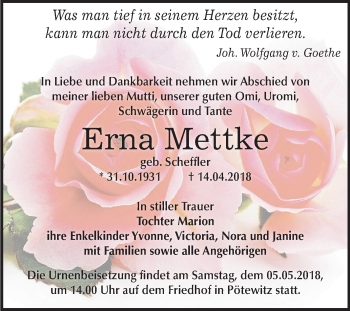 Traueranzeige von Erna Mettke von Mitteldeutsche Zeitung Zeitz