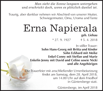 Traueranzeige von Erna Napierala von Mitteldeutsche Zeitung
