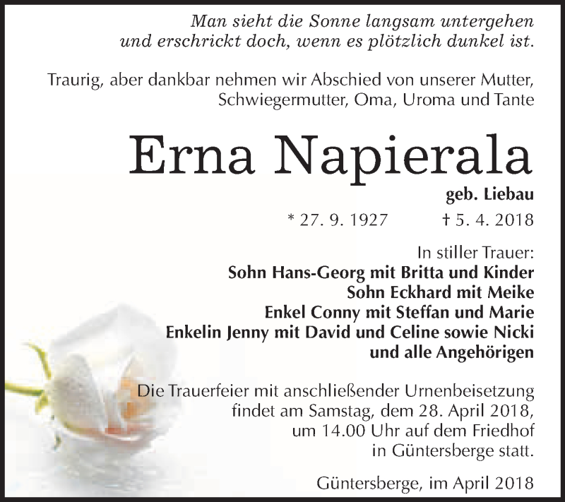  Traueranzeige für Erna Napierala vom 18.04.2018 aus WVG - Wochenspiegel Quedlinburg