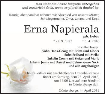 Traueranzeige von Erna Napierala von WVG - Wochenspiegel Quedlinburg