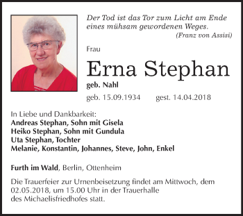 Traueranzeige von Erna Stephan von Mitteldeutsche Zeitung Zeitz