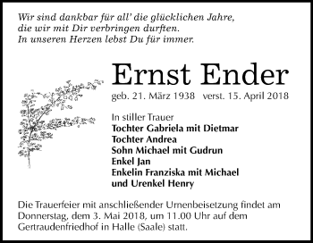 Traueranzeige von Ernst Ender von Mitteldeutsche Zeitung Halle/Saalkreis
