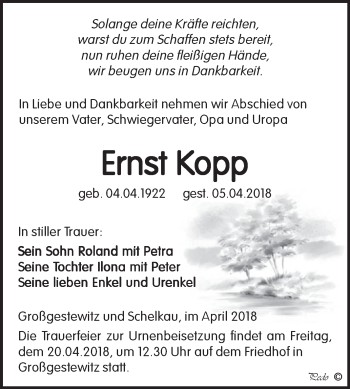 Traueranzeige von Ernst Kopp von WVG - Wochenspiegel NMB / WSF / ZTZ