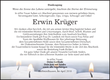 Traueranzeige von Erwin Krüger von Mitteldeutsche Zeitung Sangerhausen