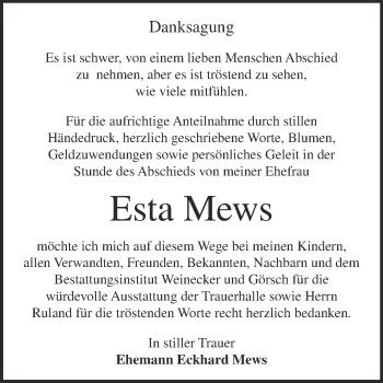 Traueranzeige von Esta Mews von Super Sonntag Bernburg