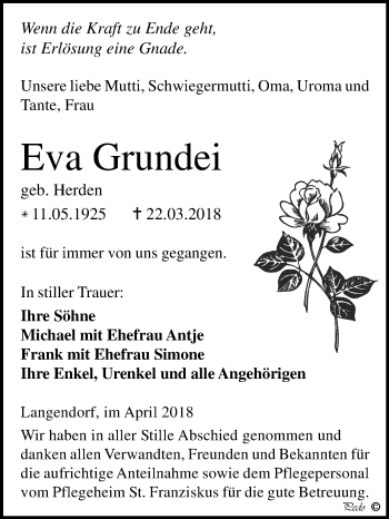 Traueranzeige von Eva Grundei von Mitteldeutsche Zeitung Weißenfels