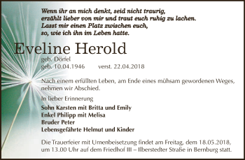 Traueranzeige von Eveline Herold von Super Sonntag Bernburg