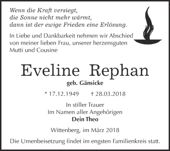 Traueranzeige von Eveline Rephan von WVG - Wochenspiegel Wittenberg