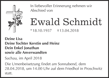 Traueranzeige von Ewald Schmidt von WVG - Wochenspiegel Wittenberg