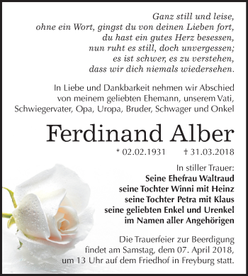 Traueranzeige von Ferdinand Alber von Mitteldeutsche Zeitung