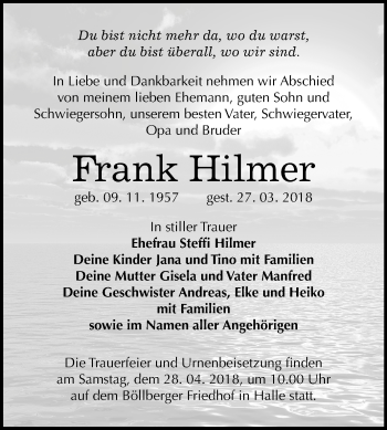 Traueranzeige von Frank Hilmer von Mitteldeutsche Zeitung Halle/Saalkreis