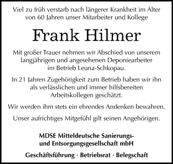 Traueranzeige von Frank Hilmer von Mitteldeutsche Zeitung Halle/Saalkreis