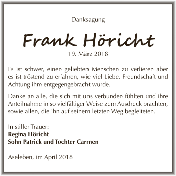 Traueranzeige von Frank Höricht von Wochenspiegel Mansfelder Land